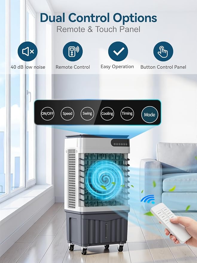 Swamp Cooler Air Conditioners, 4-IN-1 Evaporative Cooler With 8.2 Gal Water Tank, 4 Ice Packs, Remote, 12H Timer
