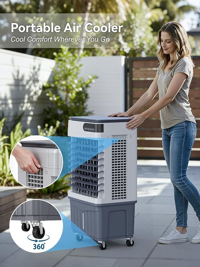 Swamp Cooler Air Conditioners, 4-IN-1 Evaporative Cooler With 8.2 Gal Water Tank, 4 Ice Packs, Remote, 12H Timer