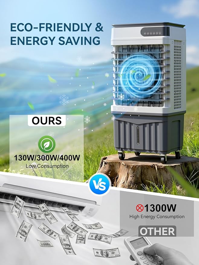 Swamp Cooler Air Conditioners, 4-IN-1 Evaporative Cooler With 8.2 Gal Water Tank, 4 Ice Packs, Remote, 12H Timer