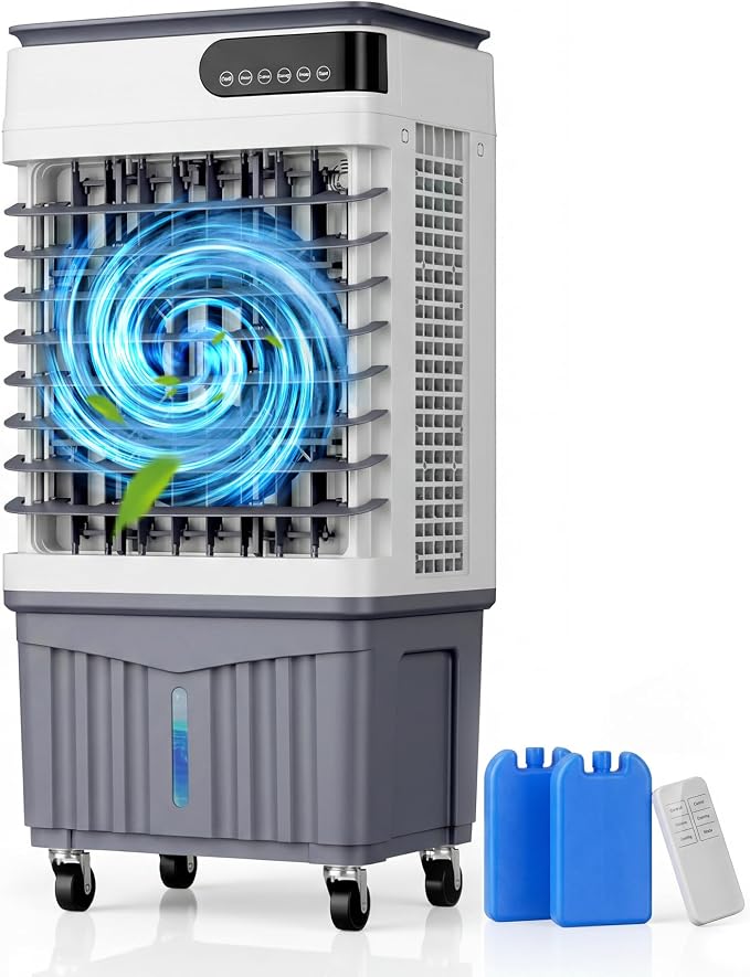 Swamp Cooler Air Conditioners, 4-IN-1 Portable Evaporative Cooler with LED Display, 4 Ice Packs, Remote, 12H Timer, 120°