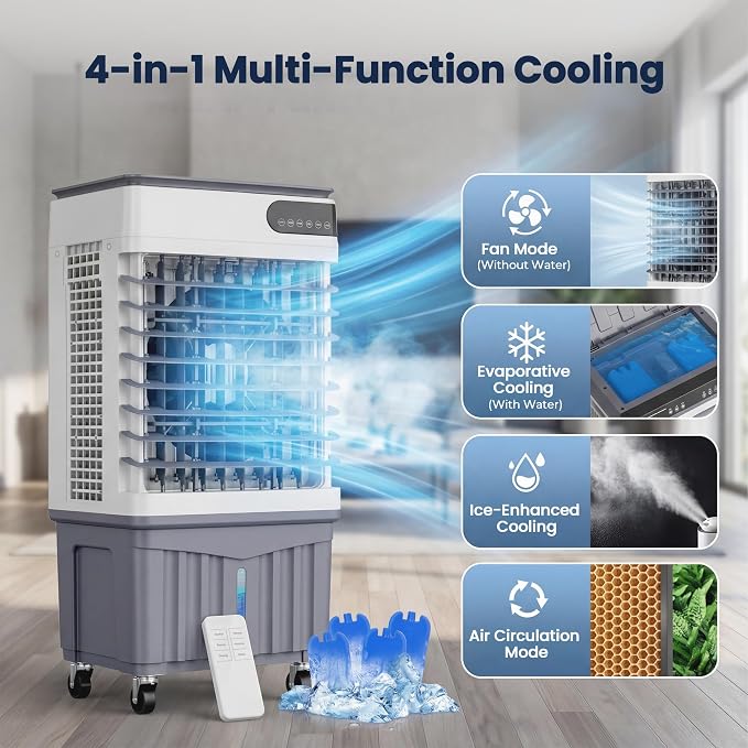 Swamp Cooler Air Conditioners, 4-IN-1 Portable Evaporative Cooler with LED Display, 4 Ice Packs, Remote, 12H Timer, 120°