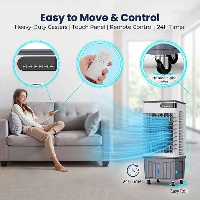 Swamp Cooler Air Conditioners, 4-IN-1 Portable Evaporative Cooler with LED Display, 4 Ice Packs, Remote, 12H Timer, 120°
