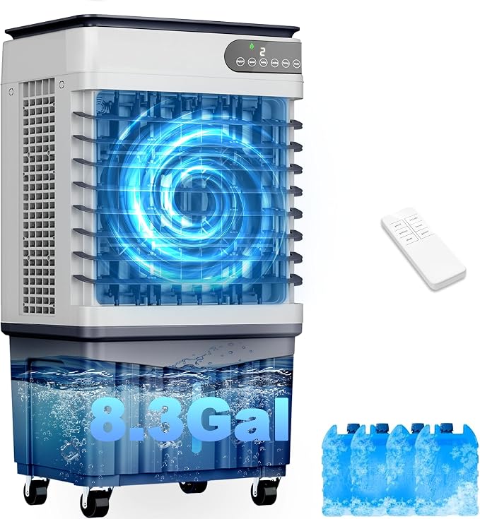 Swamp Cooler Air Conditioners, Large 8.3-Gal Tank for 7d Cooling, 4-IN-1 Portable Evaporative Cooler with LED Touch Screen, 3