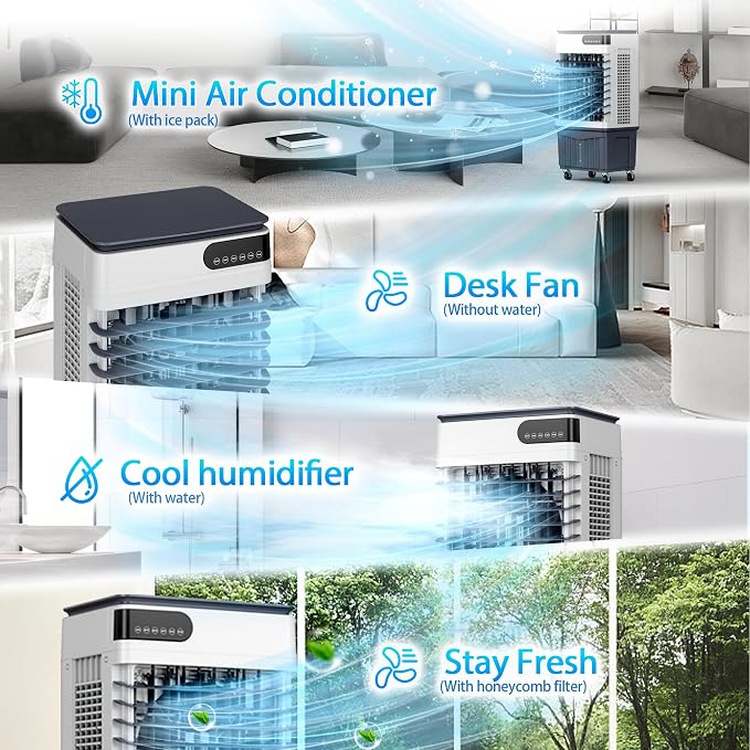 Swamp Cooler Air Conditioners, Large 8.3-Gal Tank for 7d Cooling, 4-IN-1 Portable Evaporative Cooler with LED Touch Screen, 3