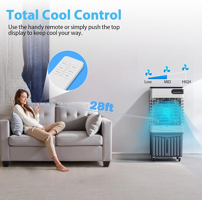 Swamp Cooler Air Conditioners, Large 8.3-Gal Tank for 7d Cooling, 4-IN-1 Portable Evaporative Cooler with LED Touch Screen, 3