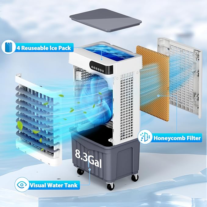 Swamp Cooler Air Conditioners, Large 8.3-Gal Tank for 7d Cooling, 4-IN-1 Portable Evaporative Cooler with LED Touch Screen, 3