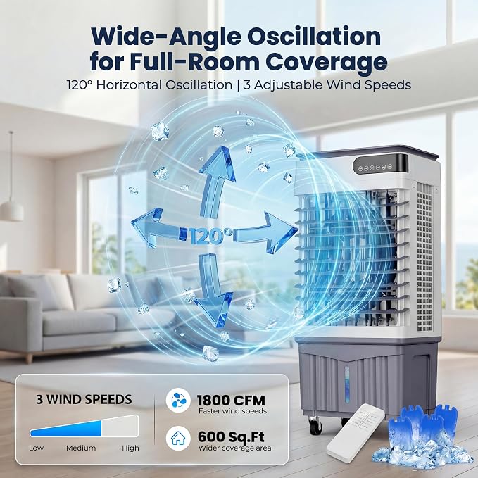 Swamp Cooler Air Conditioners, Large 8 Gal Tank for 7d Cooling, 4-IN-1 Portable Evaporative Cooler with LED Touch Screen, 3