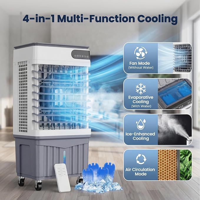Swamp Cooler Air Conditioners, Large 8 Gal Tank for 7d Cooling, 4-IN-1 Portable Evaporative Cooler with LED Touch Screen, 3
