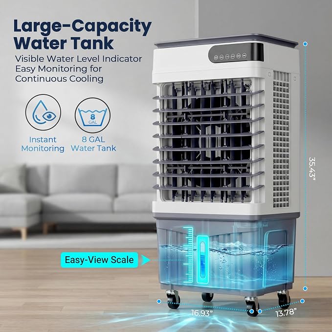 Swamp Cooler Air Conditioners, Large 8 Gal Tank for 7d Cooling, 4-IN-1 Portable Evaporative Cooler with LED Touch Screen, 3