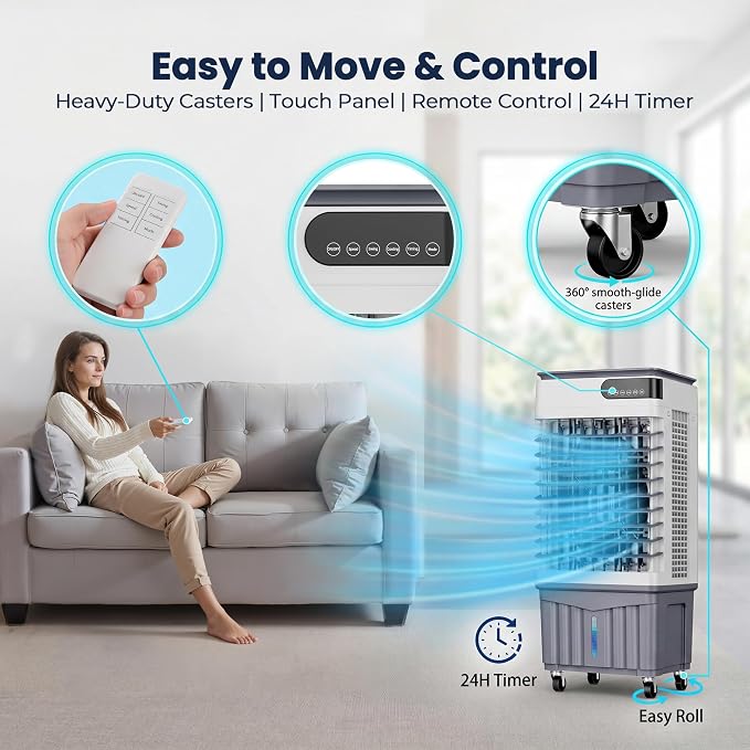 Swamp Cooler Air Conditioners, Large 8 Gal Tank for 7d Cooling, 4-IN-1 Portable Evaporative Cooler with LED Touch Screen, 3