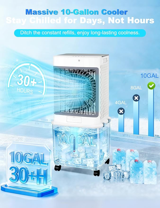 Swamp Cooler,Evaporative Air Cooler 2026 Upgraded Windowless Portable Air Conditioners with 10GAL Detachable Tank,120°