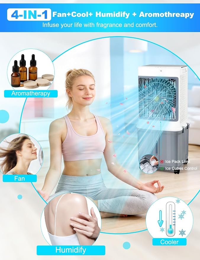 Swamp Cooler,Evaporative Air Cooler 2026 Upgraded Windowless Portable Air Conditioners with 10GAL Detachable Tank,120°
