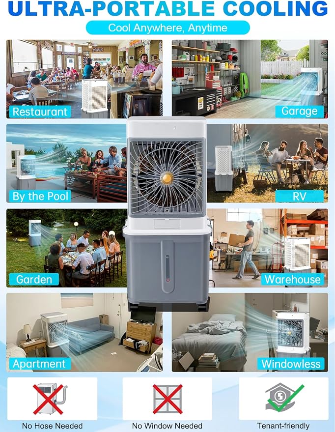 Swamp Cooler,Evaporative Air Cooler 2026 Upgraded Windowless Portable Air Conditioners with 10GAL Detachable Tank,120°