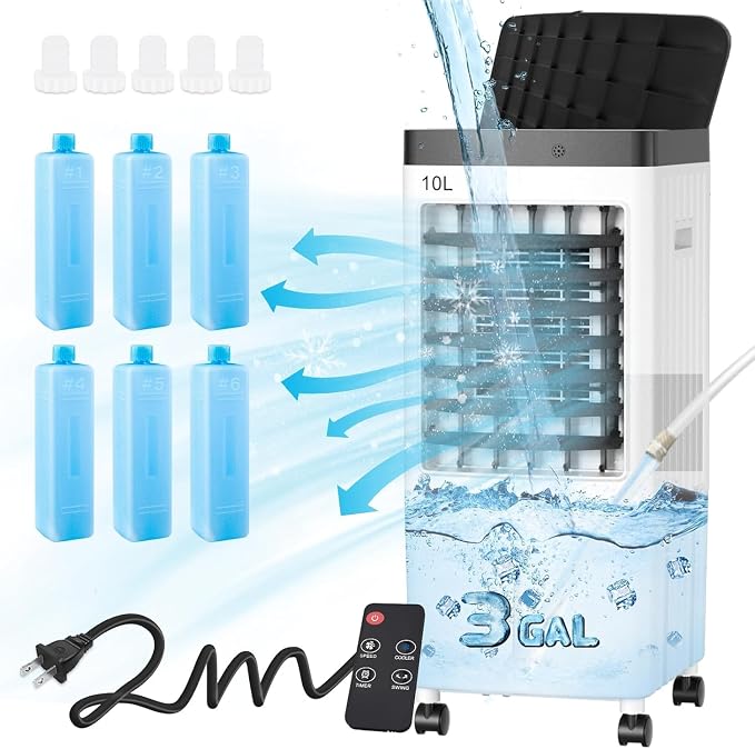 Swamp Cooler, Evaporative Air Cooler with 6 Ice Packs, Swamp Cooler Air Conditioner with 3 Gal Water Tank, 3 Speeds, 80°