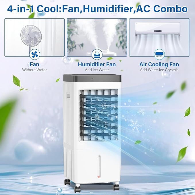 Swamp Cooler, Evaporative Air Cooler with 6 Ice Packs, Swamp Cooler Air Conditioner with 3 Gal Water Tank, 3 Speeds, 80°
