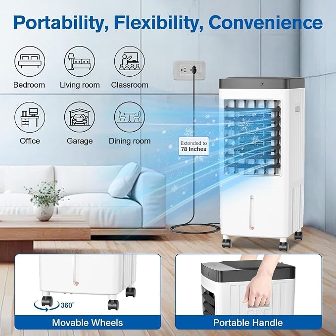 Swamp Cooler, Evaporative Air Cooler with 6 Ice Packs, Swamp Cooler Air Conditioner with 3 Gal Water Tank, 3 Speeds, 80°