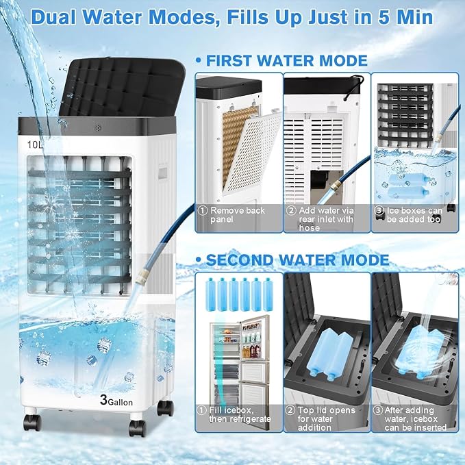 Swamp Cooler, Evaporative Air Cooler with 6 Ice Packs, Swamp Cooler Air Conditioner with 3 Gal Water Tank, 3 Speeds, 80°