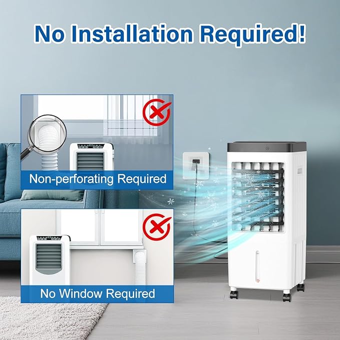 Swamp Cooler, Evaporative Air Cooler with 6 Ice Packs, Swamp Cooler Air Conditioner with 3 Gal Water Tank, 3 Speeds, 80°