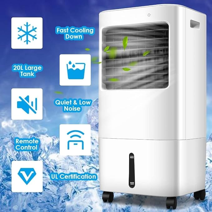 Swamp Cooler, Portable Air Cooler Fan with 5.3Gal/20L Tank & 7.5H Timer, 4 Speeds, 3 Modes, Remote Control, Evaporative Air