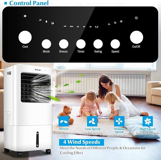 Swamp Cooler, Portable Air Cooler Fan with 5.3Gal/20L Tank & 7.5H Timer, 4 Speeds, 3 Modes, Remote Control, Evaporative Air