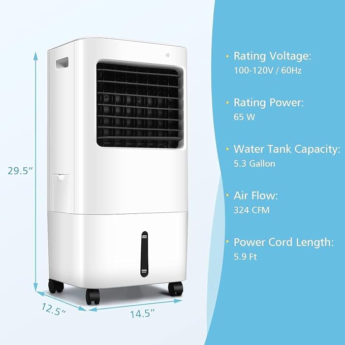 Swamp Cooler, Portable Air Cooler Fan with 5.3Gal/20L Tank & 7.5H Timer, 4 Speeds, 3 Modes, Remote Control, Evaporative Air