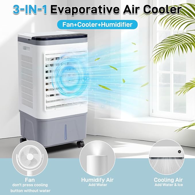 Swamp Cooler with Remote & 12H Timer, 461CFM Evaporative Air Cooler w/ 5 Gal Water Tank, Portable 3-IN-1 Air Conditioner for