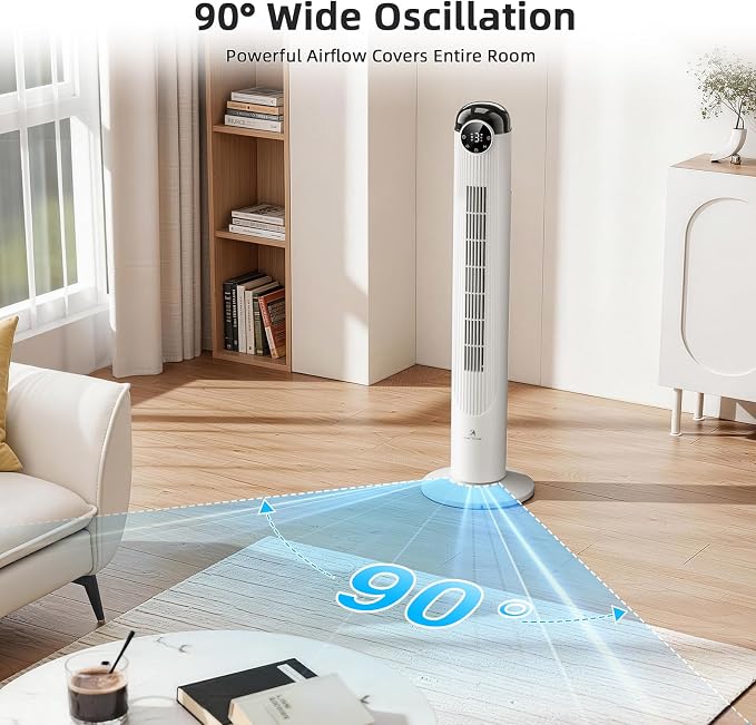 T42 Tower Fan-42 Inch, Bladeless Oscillating Fan with Remote, 6 Speeds & 4 Modes, LED Display, 9H Timer, Quiet Floor Standing