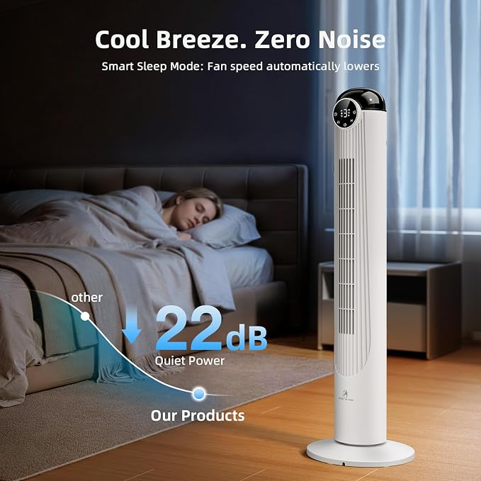 T42 Tower Fan-42 Inch, Bladeless Oscillating Fan with Remote, 6 Speeds & 4 Modes, LED Display, 9H Timer, Quiet Floor Standing