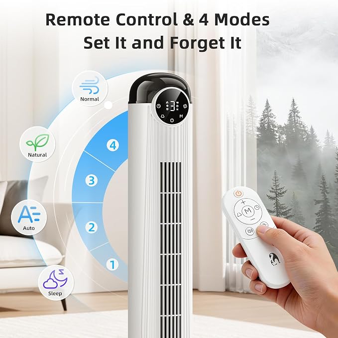 T42 Tower Fan-42 Inch, Bladeless Oscillating Fan with Remote, 6 Speeds & 4 Modes, LED Display, 9H Timer, Quiet Floor Standing