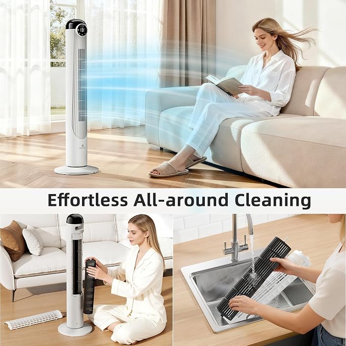 T42 Tower Fan-42 Inch, Bladeless Oscillating Fan with Remote, 6 Speeds & 4 Modes, LED Display, 9H Timer, Quiet Floor Standing