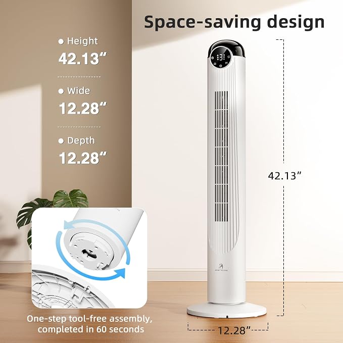 T42 Tower Fan-42 Inch, Bladeless Oscillating Fan with Remote, 6 Speeds & 4 Modes, LED Display, 9H Timer, Quiet Floor Standing