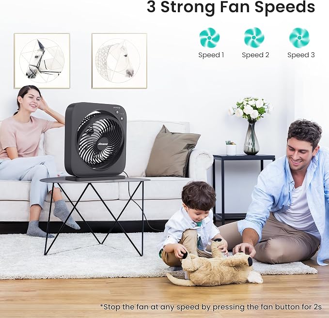 Table Fan, 12 inch Box Fan with 3 Speeds & 8HRS Timer, 270° Pivoting Quiet Air Circulator, Desktop Fan for Bedroom Bathroom
