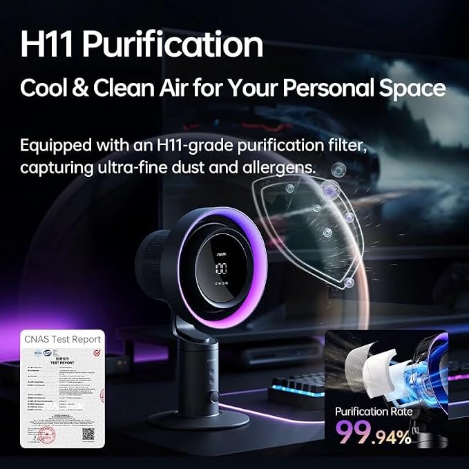 Table Purifier Fan, 3-in-1 Air Purifier Cool with 7-Color RGB Light, LED Display, 100-Speed, 10000mAh Battery, 120°