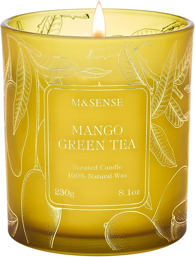 Tea Scented Candles, Vegan Soy Wax, Naturally Scented Mango Green Tea No Toxin 8.1oz Long Lasting 42-Hour Burn Time, product
