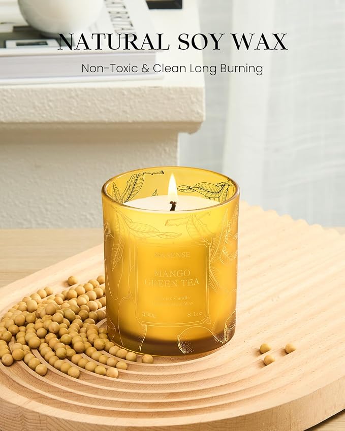 Tea Scented Candles, Vegan Soy Wax, Naturally Scented Mango Green Tea No Toxin 8.1oz Long Lasting 42-Hour Burn Time
