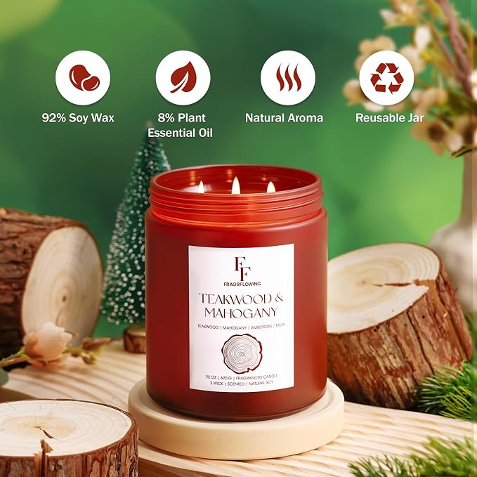 Teakwood & Mahogany Large Christmas Scented Candle, 3-Wick 22oz Long Lasting Scented Candle, alternate product view 2