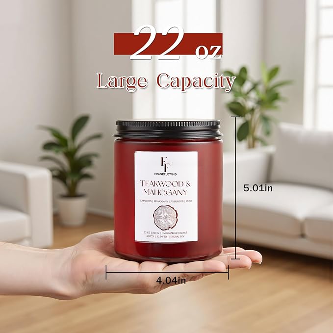 Teakwood & Mahogany Large Christmas Scented Candle, 3-Wick 22oz Long Lasting Scented Candle, alternate product view 3