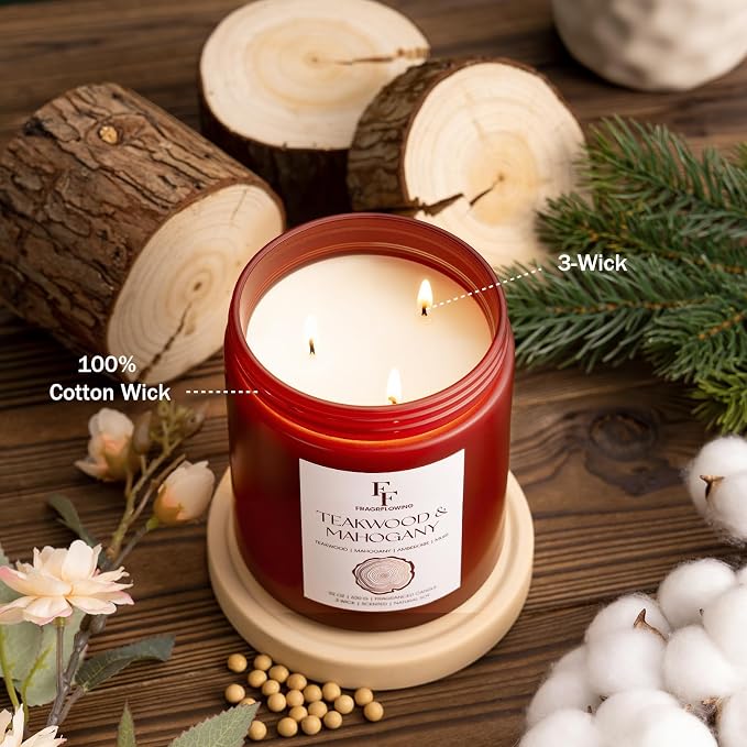 Teakwood & Mahogany Large Christmas Scented Candle, 3-Wick 22oz Long Lasting Scented Candle, alternate product view 4