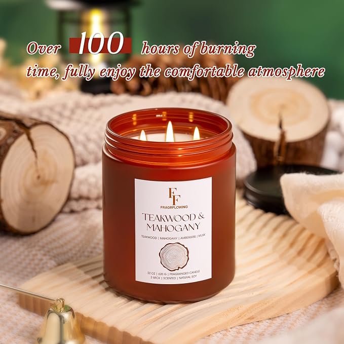 Teakwood & Mahogany Large Christmas Scented Candle, 3-Wick 22oz Long Lasting Scented Candle, alternate product view 6