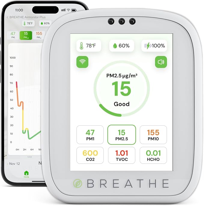 tech Airmonitor Plus: Smart Air Quality Monitor Indoor - 8-in-1 CO2 Meter, Formaldehyde Detector, VOC Meter, PM1/2.5/10
