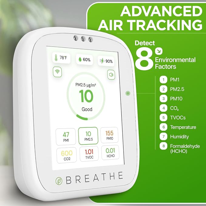 tech Airmonitor Plus: Smart Air Quality Monitor Indoor - 8-in-1 CO2 Meter, Formaldehyde Detector, VOC Meter, PM1/2.5/10