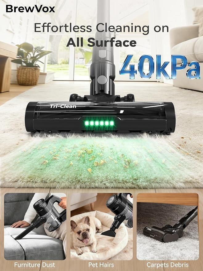 Telescopic Cordless Stick Vacuum Cleaner for Home & Pet Hair, 40kPa Powerful Suction, 450W Motor, 65Min Runtime, 2.5H Quick
