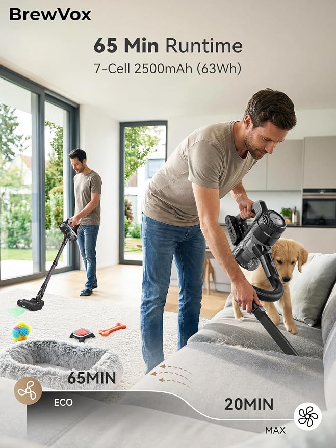 Telescopic Cordless Stick Vacuum Cleaner for Home & Pet Hair, 40kPa Powerful Suction, 450W Motor, 65Min Runtime, 2.5H Quick
