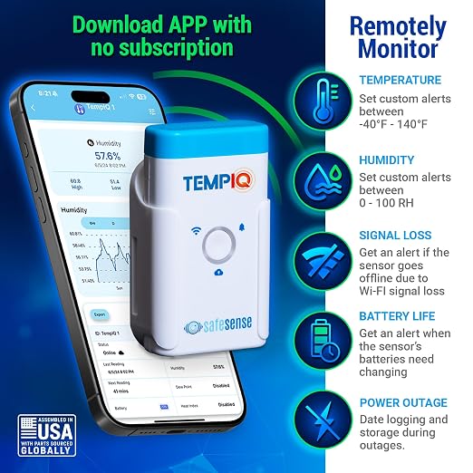 TEMPIQ Remote WiFi Temperature & Humidity Sensor - App Integration, Alerts, Helps Monitor 2nd Home, AirBnb, RV, alternate