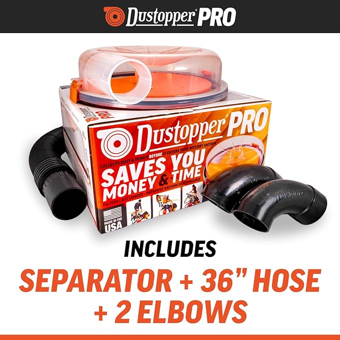 The PRO, Low-Profile Dust Separator for Shop Wet/Dry Vacuums. Includes High-Flow 90 Degree Sweep Elbows and Connection Hose.