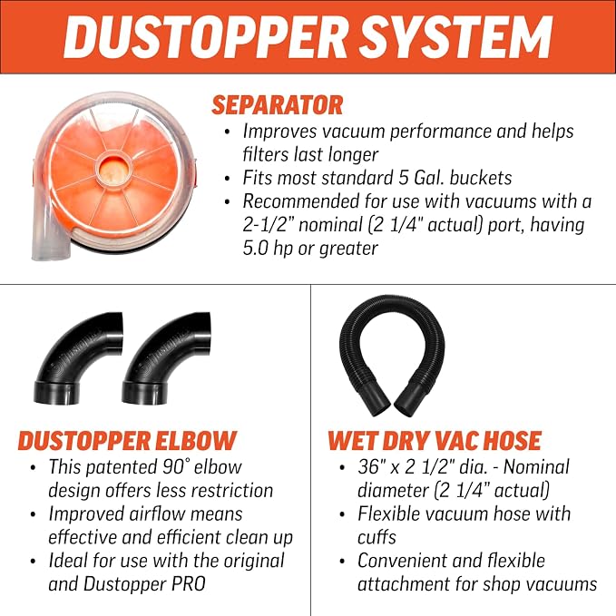 The PRO, Low-Profile Dust Separator for Shop Wet/Dry Vacuums. Includes High-Flow 90 Degree Sweep Elbows and Connection Hose.