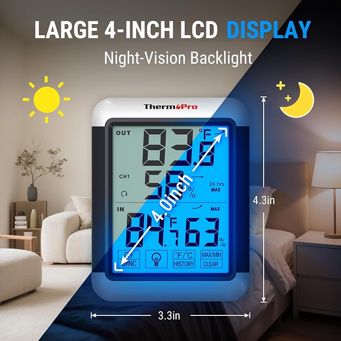 TP65 Indoor Outdoor Thermometer Digital Wireless Hygrometer Temperature Humidity Monitor with Jumbo Touchscreen and