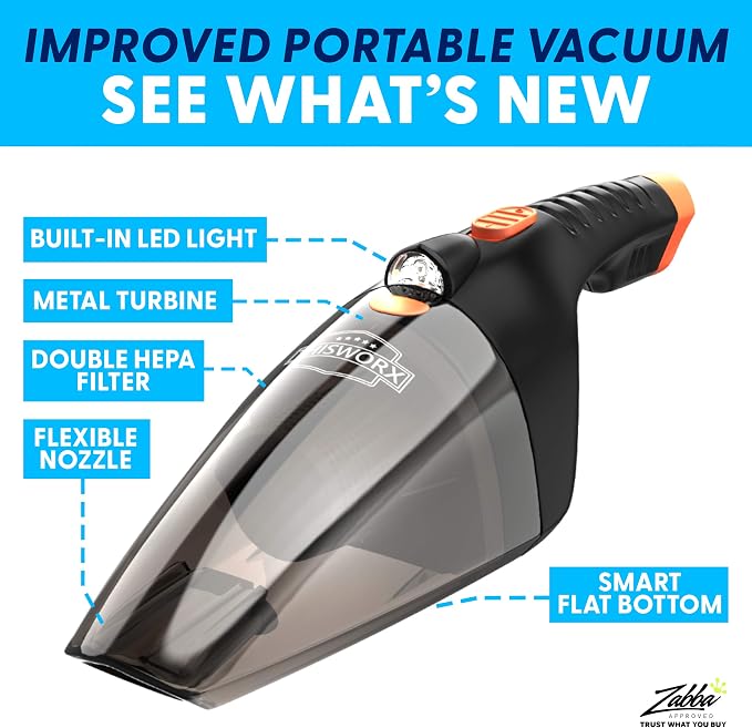 Car Vacuum Cleaner 2.0, Portable Handheld Mini Vacuums Cleaner W/ 16ft Cord, LED Light, Bag, & Attachments- Small