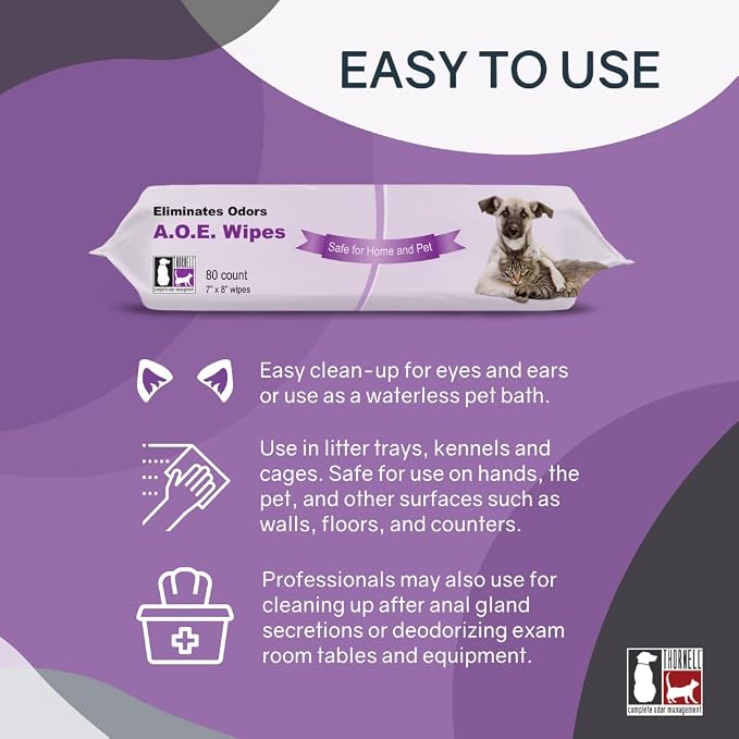Animal Odor Eliminator Cat and Dog Wipes (80 Wipes) - All Purpose Deodorizing Pet Wipes - Pet Odor Eliminator for