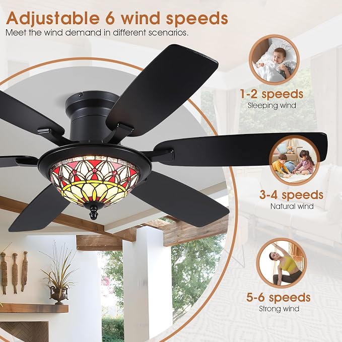 Tiffany Ceiling Fans with Lights - 52" Ceiling Fan Chandelier with Stained Glass Shade, 6 Speeds Reversible 6, alternate view